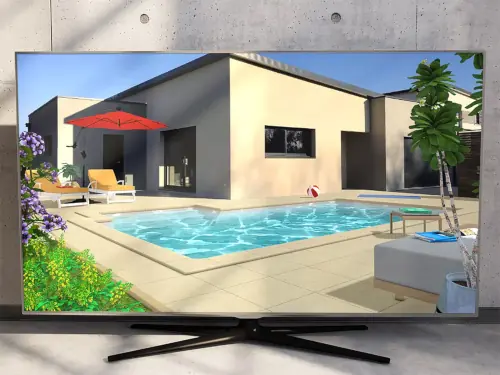 Simulation de piscine 3D avec photo complète sur écran 4K