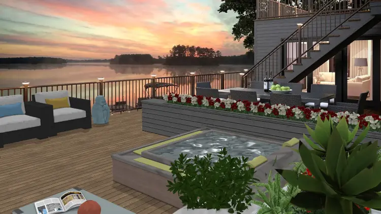 Simulation d'une terrasse avec un spa au coucher du soleil